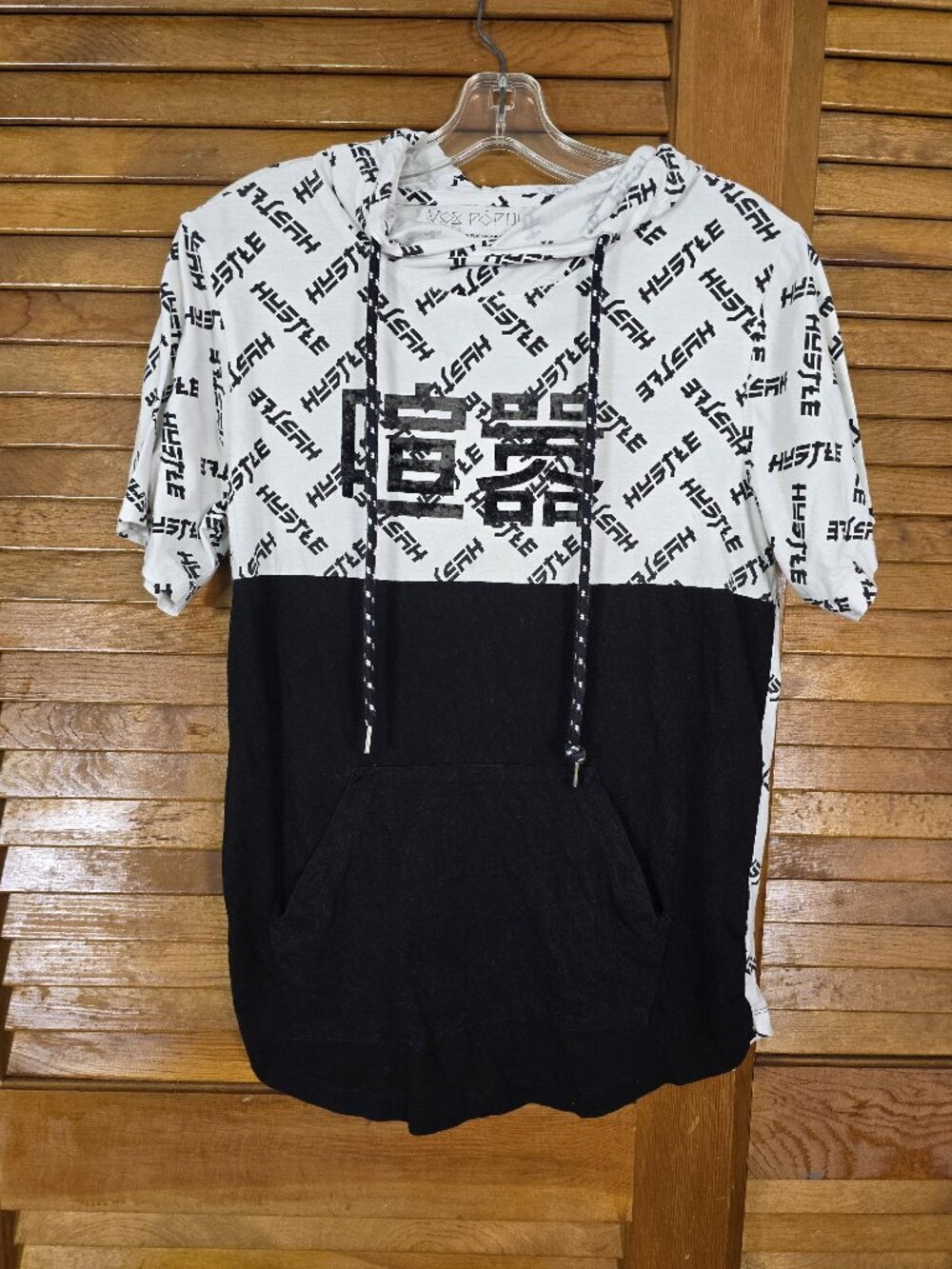 Vox Populi Shirt Mens Small Black White Hustle Hooded Graphic Pocket Allover
